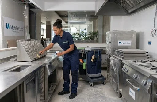 Operaria de NORTIX limpiando cocina industrial