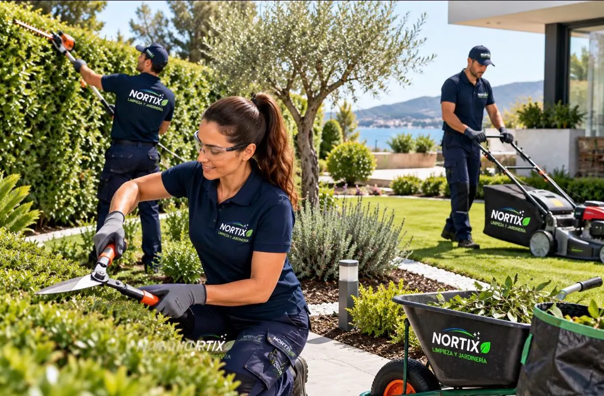 Equipo de NORTIX en mantenimiento de jardín: poda y corte de césped